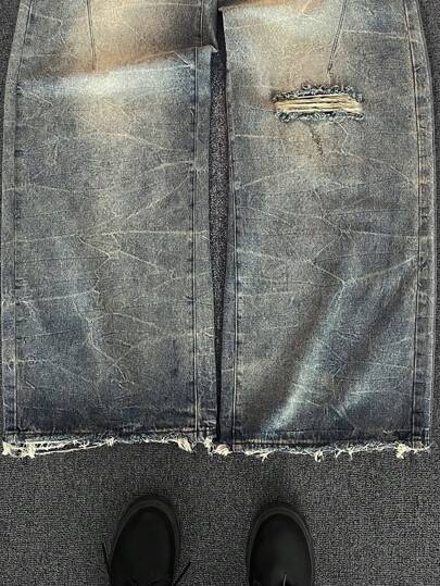 Manfinity Denimwave جينز رجالي واسع الساق بتأثير مغسول مع توسع في الأسفل ، جينز ممزق ملزبل أزرق داكن طويل للرجال ، هدية للزوج والحبيب
