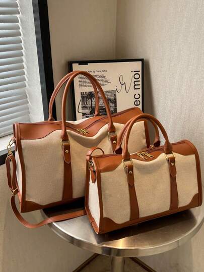 حقيبة سفر كانفاس ذات لون متباين قطعة واحدة، مناسبة للسفر والتنقل والرحلات القصيرة (الحجم الصغير للتنقل، والحجم الكبير للرحلات القصيرة)، حقيبة سفر للحقيبة، حقيبة ليلية، حقيبة رياضة، حقيبة عطلة نهاية الأسبوع، حقيبة سفر للأمتعة، حقيبة كلية، حقيبة أمتعة، حقيب