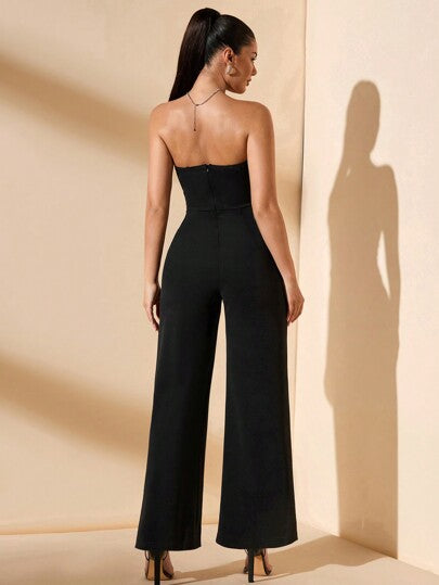 SHEIN BAE جمبسوت نسائية ذات فتحة ظهر عميقة وساق واسعة، جمبسوت أنيقة وأنثوية مناسبة للكريسماس والمناسبات الرومانسية والحفلات والمناسبات الرسمية والخروجات الليلية