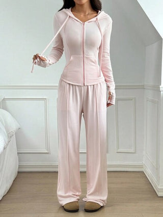 EZwear مجموعة ملابس علوية هودي بسحاب وبنطال وردي، كاجوال للخريف قطعتان