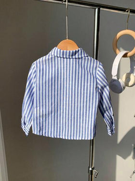 SHEIN قمصان طويلة الأكمام مخططة مريحة وعملية للأطفال في فصل الخريف، مناسبة لحفلات عيد الميلاد، الحفلات المسائية، الأداءات، حفلات الزفاف، احتفالات البدر الكامل، المعمودية وعيد الميلاد الأول