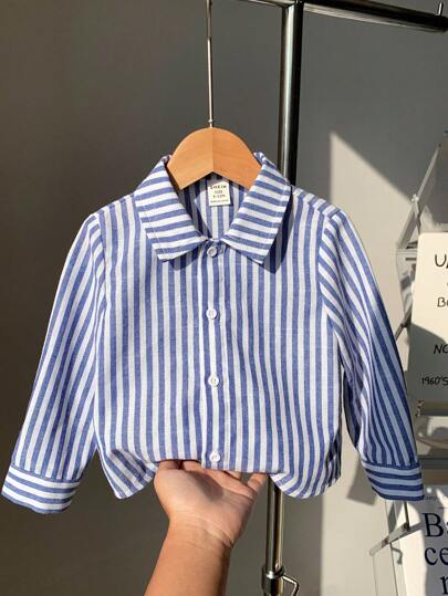 SHEIN قمصان طويلة الأكمام مخططة مريحة وعملية للأطفال في فصل الخريف، مناسبة لحفلات عيد الميلاد، الحفلات المسائية، الأداءات، حفلات الزفاف، احتفالات البدر الكامل، المعمودية وعيد الميلاد الأول