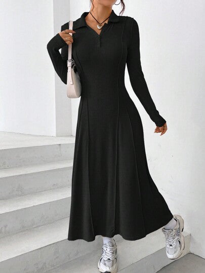 فساتين حريمي EZwear فستان كاجوال طويل مع أكمام طويلة ذو ياقة بولو وصبغة لون واحد، خريفي