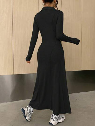 فساتين حريمي EZwear فستان كاجوال طويل مع أكمام طويلة ذو ياقة بولو وصبغة لون واحد، خريفي