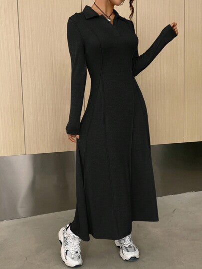 فساتين حريمي EZwear فستان كاجوال طويل مع أكمام طويلة ذو ياقة بولو وصبغة لون واحد، خريفي