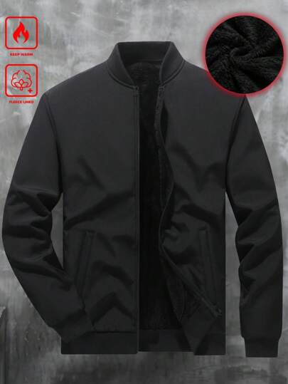 Manfinity Homme جاكيت بومبر كاجوال مبطنة بالحرارة ذات لون أحادي للرجال، متعددة الاستخدامات في الخريف والشتاء، جاكيت بيسبول بأكمام طويلة للخروج، هدايا للأصدقاء والأزواج والأحباء