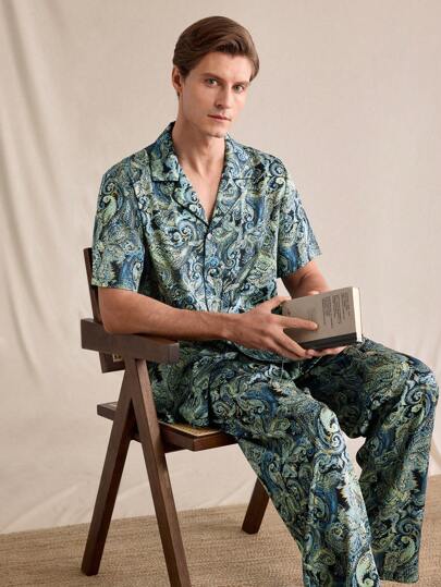 EverLounge بيجامة للرجال من قطعتين، ملابس علوية كم قصير ياقة صدر منفردة مطبوعة بنقشة البيزلي والبنطلون