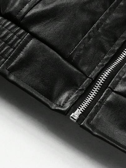 Manfinity Homme جاكيت رجالية فضفاضة بأكمام طويلة وجيب قابل للطي من جلد البولي يوريثان مع سحاب أمامي، للخريف والشتاء