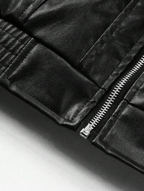 Manfinity Homme جاكيت رجالية فضفاضة بأكمام طويلة وجيب قابل للطي من جلد البولي يوريثان مع سحاب أمامي، للخريف والشتاء