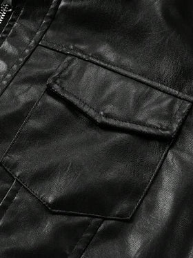 Manfinity Homme جاكيت رجالية فضفاضة بأكمام طويلة وجيب قابل للطي من جلد البولي يوريثان مع سحاب أمامي، للخريف والشتاء