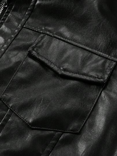 Manfinity Homme جاكيت رجالية فضفاضة بأكمام طويلة وجيب قابل للطي من جلد البولي يوريثان مع سحاب أمامي، للخريف والشتاء