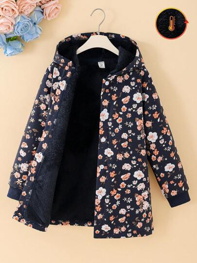 SHEIN Vintaside Kids معطف متوسط الطول بغطاء رأس سميك وفاخر بنمط الزهور الصغيرة المتناثرة بطراز قديم للفتيات ما بين الطفولة والمراهقة ، مناسب للخريف والشتاء