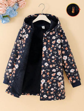 SHEIN Vintaside Kids معطف متوسط الطول بغطاء رأس سميك وفاخر بنمط الزهور الصغيرة المتناثرة بطراز قديم للفتيات ما بين الطفولة والمراهقة ، مناسب للخريف والشتاء