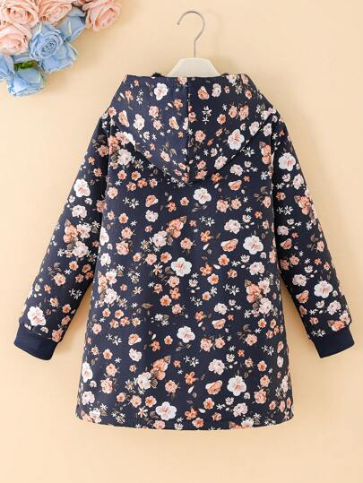 SHEIN Vintaside Kids معطف متوسط الطول بغطاء رأس سميك وفاخر بنمط الزهور الصغيرة المتناثرة بطراز قديم للفتيات ما بين الطفولة والمراهقة ، مناسب للخريف والشتاء