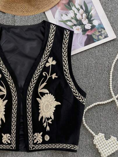 Breezaya جاكيت بدون أكمام مطرزة بطراز قديم للنساء
