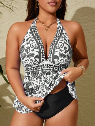 Swim Lushoire مجموعة من قطعتين تنكريني ذو أشرطة رفيعة وظهر مكشوف مطبوع بتصميم متعدد الألوان، موضة صيف للمقاسات الكبيرة