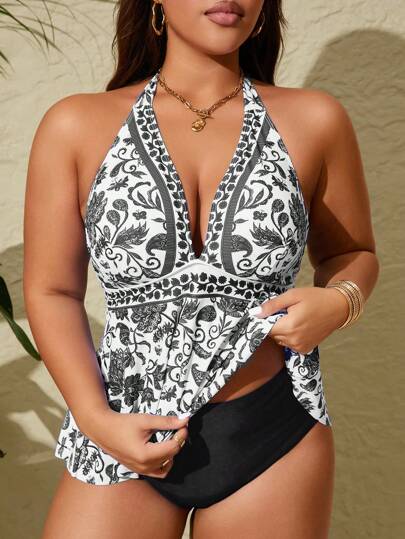 Swim Lushoire مجموعة من قطعتين تنكريني ذو أشرطة رفيعة وظهر مكشوف مطبوع بتصميم متعدد الألوان، موضة صيف للمقاسات الكبيرة