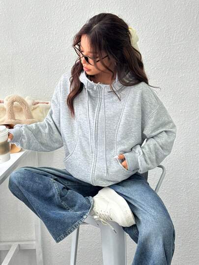 EZwear هودي نسائي طويل الأكمام بسحاب أمامي وجيوب، تصميم بسيط وكاجوال