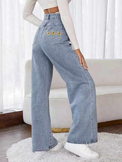 SHEIN Frenchy بنطلون جينز خصر عالي ساق عريضة
