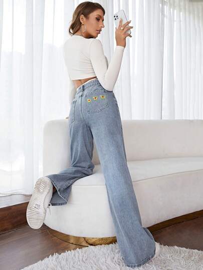SHEIN Frenchy بنطلون جينز خصر عالي ساق عريضة