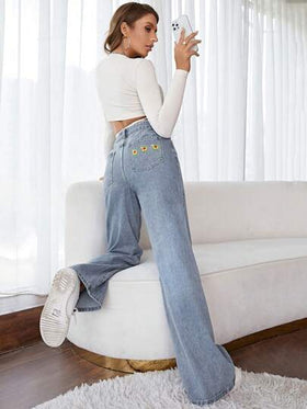 SHEIN Frenchy بنطلون جينز خصر عالي ساق عريضة