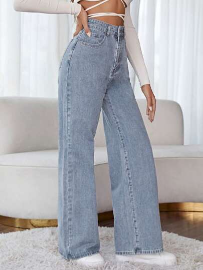 SHEIN Frenchy بنطلون جينز خصر عالي ساق عريضة