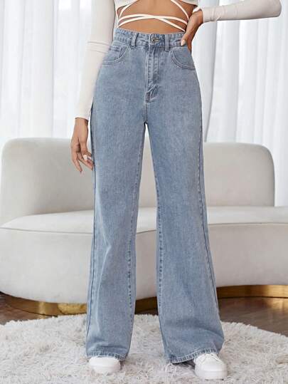SHEIN Frenchy بنطلون جينز خصر عالي ساق عريضة