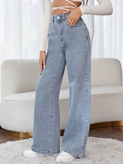 SHEIN Frenchy بنطلون جينز خصر عالي ساق عريضة