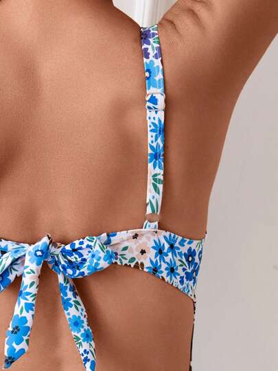 مايوه حريمي قطعة واحدة Swim بدلة سباحة قطعة واحدة للنساء، بطبعة زهور صيفية وياقة مستديرة بدون أكمام