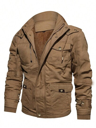 Manfinity Homme معطف مبطن مبطن بغطاء رأس قابل للإزالة وجيب رباط للرجال، جاكيت طويلة الأكمام للرجال باللون البني، للخريف والشتاء