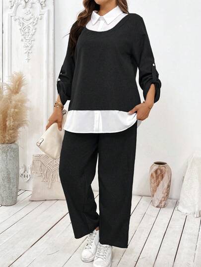 SHEIN LUNE طقم بنطلون وقميص أنيق للسيدات بقصة ألوان منسوجة المقاس الكبير للخريف