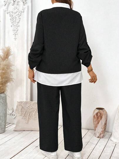 SHEIN LUNE طقم بنطلون وقميص أنيق للسيدات بقصة ألوان منسوجة المقاس الكبير للخريف