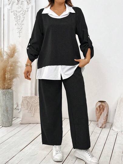SHEIN LUNE طقم بنطلون وقميص أنيق للسيدات بقصة ألوان منسوجة المقاس الكبير للخريف