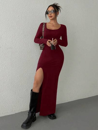 EZwear فستان طويل محبوك للنساء باللون الأحمر