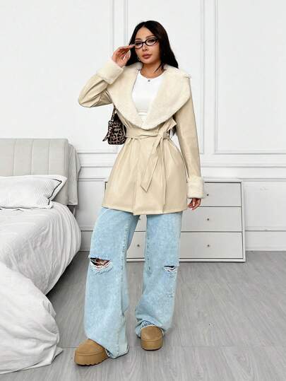 SHEIN EZwear معطف نسائي طويل منتظم فاتح اللون الخاكي متدلٍ
