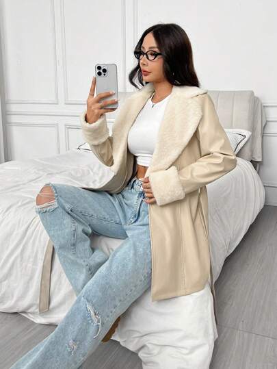 SHEIN EZwear معطف نسائي طويل منتظم فاتح اللون الخاكي متدلٍ
