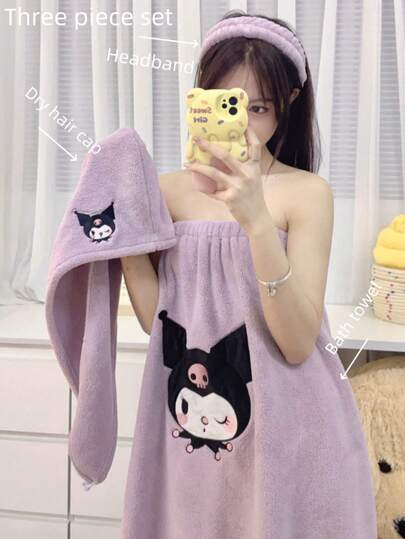 طقم تانكيني حريمي Sanrio 3 قطع/1 مجموعة تنورة حمام كرتون أنمي سانريو، منشفة حمام كورومي، رداء أسماك النعامة قابل للارتداء والالتفاف، طقم رأس قبعة وشريط شعر جاف كيوت من فرو المرجان كينامورول مجموعة 3 قطع لديكور حمام المنزل الصيفي