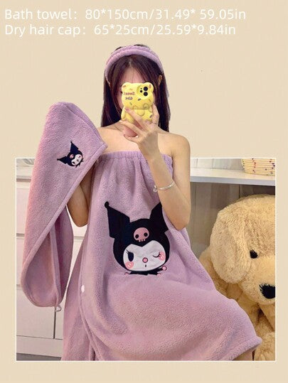 طقم تانكيني حريمي Sanrio 3 قطع/1 مجموعة تنورة حمام كرتون أنمي سانريو، منشفة حمام كورومي، رداء أسماك النعامة قابل للارتداء والالتفاف، طقم رأس قبعة وشريط شعر جاف كيوت من فرو المرجان كينامورول مجموعة 3 قطع لديكور حمام المنزل الصيفي