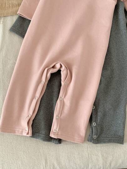 SHEIN 2 حبة طقم رومبير طويل الأكمام صلب اللون مرن لحديثي الولادة من الفتيات، للخريف/الشتاء
