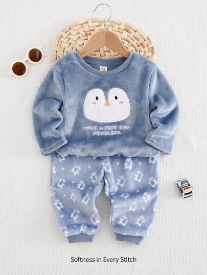 Cozy Pixies بيجاما مكونة من 2 قطع، رأس طاقم وبنطلون طويل كاجوال، مطبوع بتصميم البطريق، من الفلانيل، للأولاد الرضع