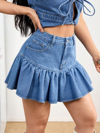 EZwear تنورة جينز قصيرة للسيدات مع جيوب وكشكشة في الذيل، كاجوال