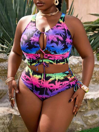 SHEIN Slayr CURVE مجموعة ملابس السباحة مقاس كبير مطبوع بأشجار جوز الهند لون أومبري ، صيفي
