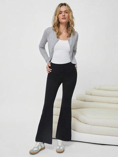 EZwear بنطلونات نسائية ذات لون واحد مع ساق واسعة للارتداء اليومي