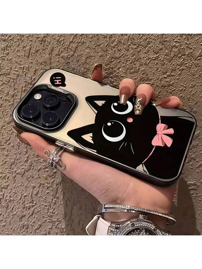 قطعة واحدة غطاء هاتف سيليكون ناعم بصورة قطة سوداء بفيونكة وردية، واقي كامل صدمات متوافق مع آيفون 16 برو ماكس/ 15/ 13/ 12/ 11