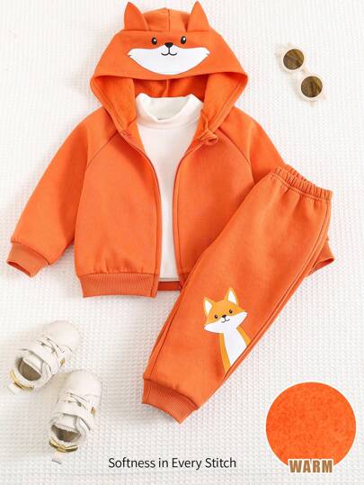Cozy Pixies مجموعتين جاكيت وسروال لصبي طفل بطبعة ثعلب كرتوني وغطاء رأس