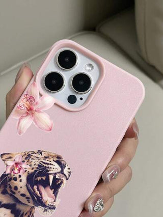 حافظة هاتف نمر ملون وأزهار تصلح لهواتف iPhone 11/12/13/14/15/16 Pro Max، مانعة للصدمات، ذات بطانة جلد ناعمة وجلد وردي بخطوط كبيرة تصميم '