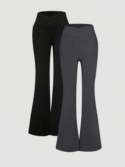 SHEIN EZwear مجموعة من 2 قطعة بنطلون ضيق طرف متسع أسود ورمادي التصميم صليبي على الخصر مناسب للأحجام الكبيرة، مناسب للربيع والخريف