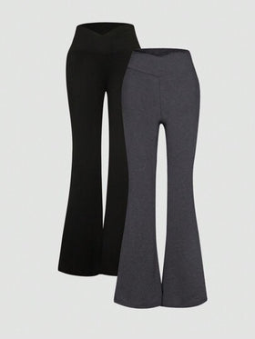 SHEIN EZwear مجموعة من 2 قطعة بنطلون ضيق طرف متسع أسود ورمادي التصميم صليبي على الخصر مناسب للأحجام الكبيرة، مناسب للربيع والخريف