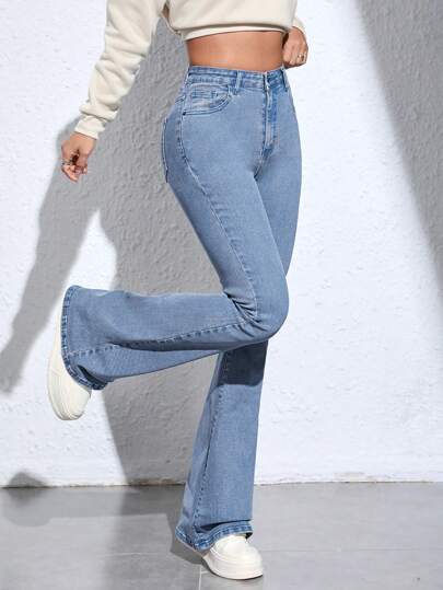 SHEIN ICON سراويل جينز نسائية عملية سهلة الاستخدام ذات نهايات واسعة وجيوب