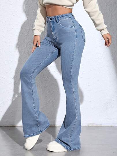 SHEIN ICON سراويل جينز نسائية عملية سهلة الاستخدام ذات نهايات واسعة وجيوب